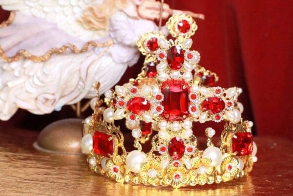 SOLD! 7816 Baroque Alta Moda Pearl Red Rhinestone Cross Stunning Crown Headband - Image 4