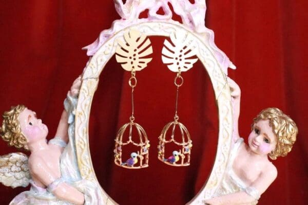 SOLD! 7819 Baroque Gold Tone Parrot Cage Dangle Earrings