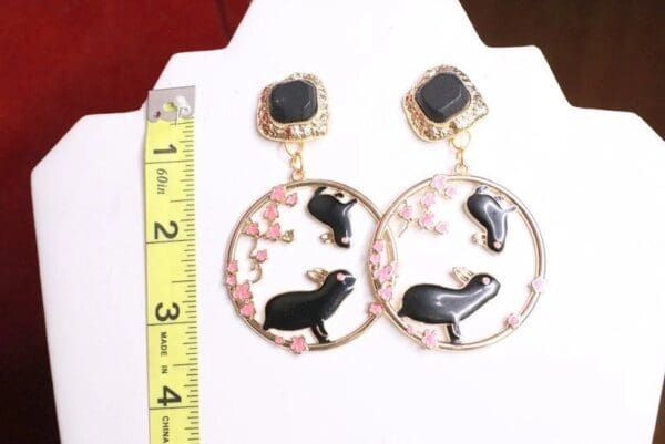SOLD! 7820 Baroque Gold Tone Black Bunnies Flower Blossom Dangle Earrings - Image 6