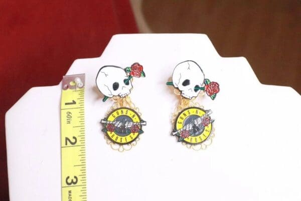 SOLD! 7821 Enamel Scull Guns Roses Studs Earrings - Image 5