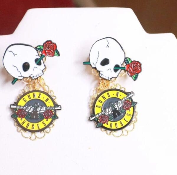 SOLD! 7821 Enamel Scull Guns Roses Studs Earrings - Image 2