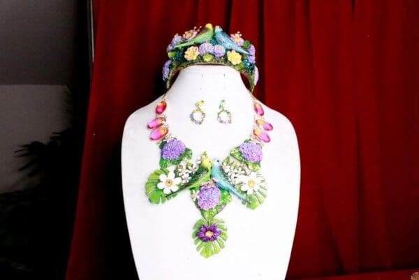 SOLD! 7823 Set Of Lilac Vivid Love Birds Parrots Genuine Tourmaline Hydrangea Necklace + Earrings - Image 8