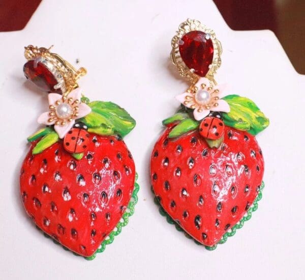 SOLD! 7845 Baroque Huge Strawberry Hand Painted Studs Earrings