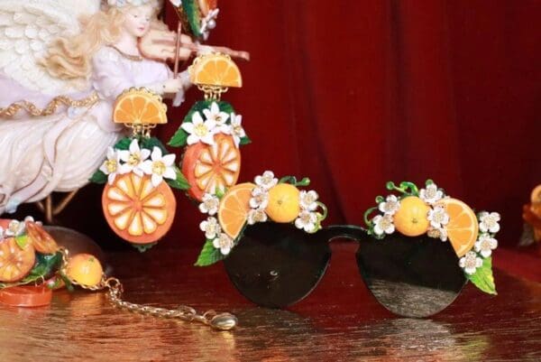 SOLD! 7848 Baroque Green Hand Painted Sicilian Orange Fruit Flowers Embellished Sunglasses - Image 3