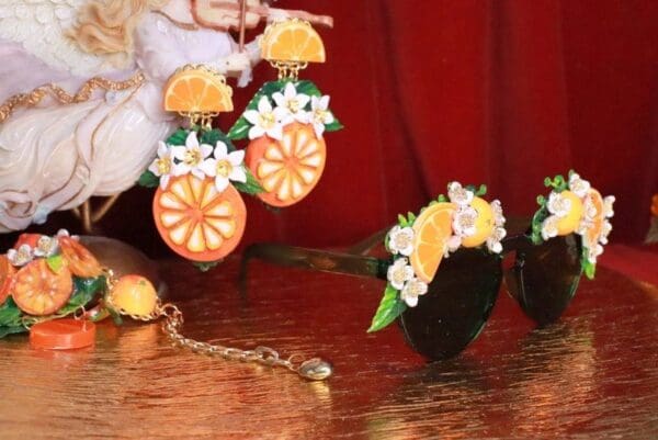 SOLD! 7848 Baroque Green Hand Painted Sicilian Orange Fruit Flowers Embellished Sunglasses - Image 6