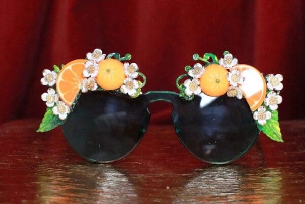 SOLD! 7848 Baroque Green Hand Painted Sicilian Orange Fruit Flowers Embellished Sunglasses