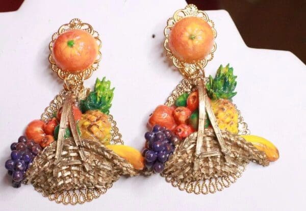 SOLD!7850 Baroque Picnic Basket Fruits Hand Painted Studs Earrings
