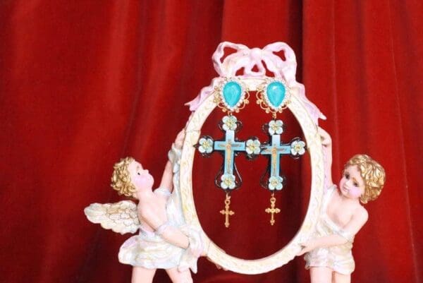 SOLD! 7851 Jesus Church Cross Aqua Light Weight Studs Earrings - Image 7