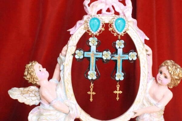 SOLD! 7851 Jesus Church Cross Aqua Light Weight Studs Earrings - Image 3