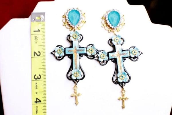 SOLD! 7851 Jesus Church Cross Aqua Light Weight Studs Earrings - Image 8