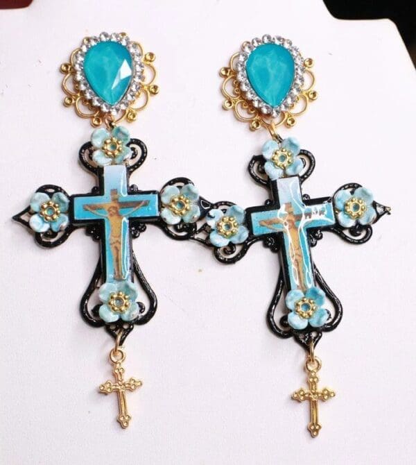 SOLD! 7851 Jesus Church Cross Aqua Light Weight Studs Earrings