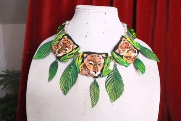 SOLD! 7853 Baroque 3 Leopards Jungle Hand Painted Bib Necklace - Image 7