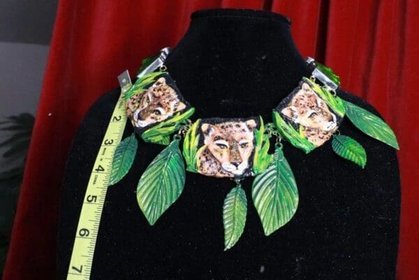 SOLD! 7853 Baroque 3 Leopards Jungle Hand Painted Bib Necklace - Image 8