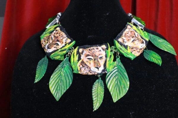 SOLD! 7853 Baroque 3 Leopards Jungle Hand Painted Bib Necklace - Image 9