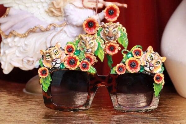 SOLD! 7856 Baroque Leopard Flowers Hand Painted Tigers Embellished Sunglasses - Image 5