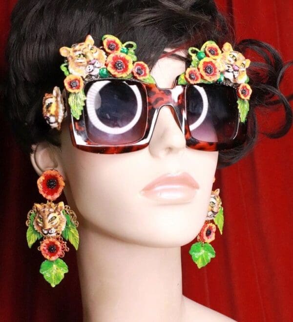 SOLD! 7856 Baroque Leopard Flowers Hand Painted Tigers Embellished Sunglasses - Image 7