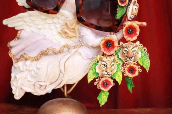 SOLD! 7857 Baroque Tiger Flowers Hand Painted Statement Earrings - Image 3