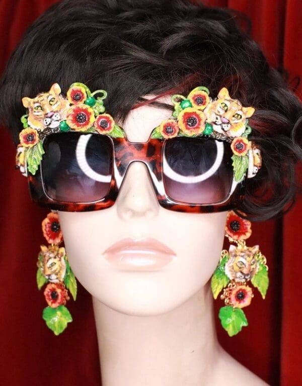 SOLD! 7857 Baroque Tiger Flowers Hand Painted Statement Earrings - Image 6