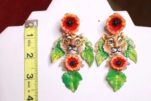 SOLD! 7857 Baroque Tiger Flowers Hand Painted Statement Earrings - Image 7