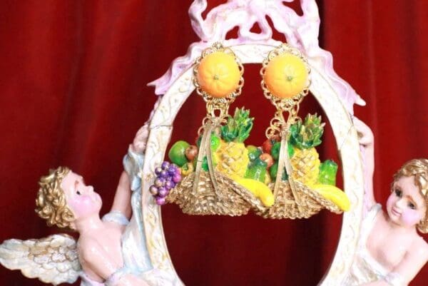 SOLD! 7858 Baroque Picnic Basket Fruits Hand Painted Studs Earrings