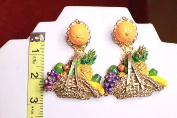SOLD! 7858 Baroque Picnic Basket Fruits Hand Painted Studs Earrings - Image 10