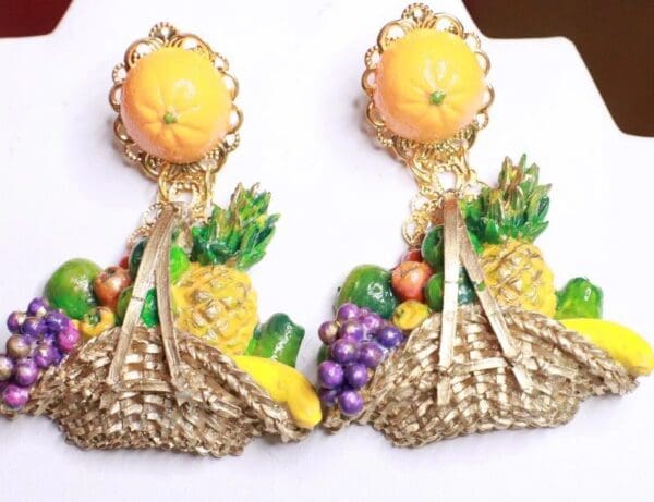SOLD! 7858 Baroque Picnic Basket Fruits Hand Painted Studs Earrings - Image 3