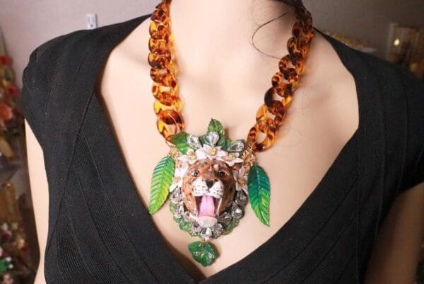 SOLD! 7859 Baroque 3D Effect Leopard Jungle Hand Painted Bib Chained Necklace
