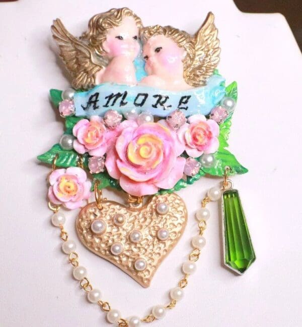 SOLD! 7877 Baroque Amore Cherubs Banner Roses Hand Painted Brooch - Image 2