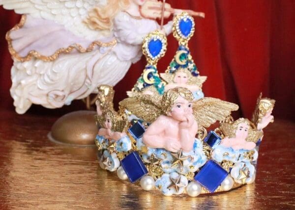 SOLD! 7878 Baroque Hand Painted Raphael Cherub Clouds Stunning Crown Headband - Image 9