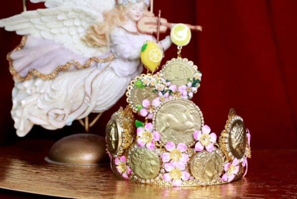 SOLD! 7882 Baroque Roman Coin Flower Blossom Elegant Hand Painted Headband