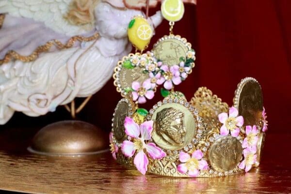 SOLD! 7882 Baroque Roman Coin Flower Blossom Elegant Hand Painted Headband - Image 2