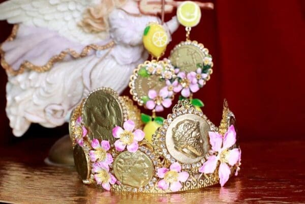 SOLD! 7439 Baroque Runway Lemon Flower Blossom Roman Coin Studs Earrings - Image 8