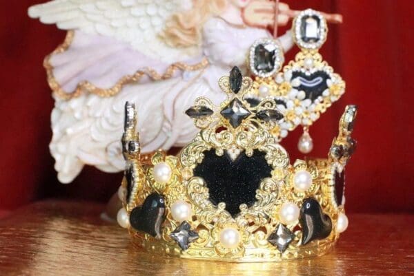 SOLD! 7883 Baroque Black Hearts Cross Pearl Crown Headband