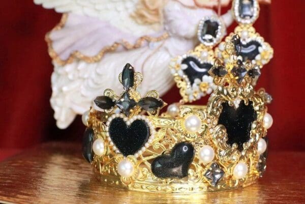 SOLD! 7883 Baroque Black Hearts Cross Pearl Crown Headband - Image 2
