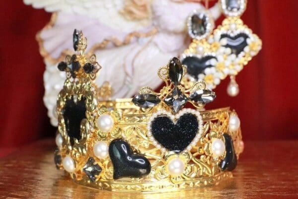 SOLD! 7883 Baroque Black Hearts Cross Pearl Crown Headband - Image 3