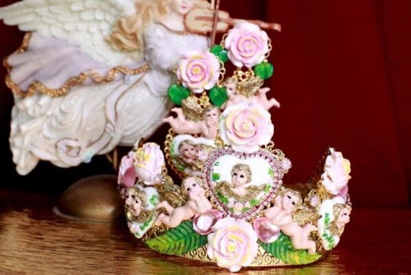 SOLD! 7885 Baroque Bridal White Hearts Pale Roses Hand Painted Crown Headband