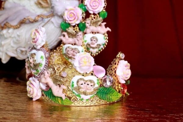 SOLD! 7885 Baroque Bridal White Hearts Pale Roses Hand Painted Crown Headband - Image 3