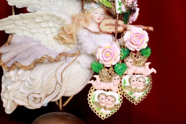 SOLD! 7886 Baroque Chubby Pastel Cherubs Hearts Hand Painted Earrings