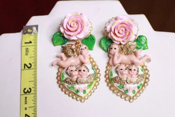 SOLD! 7886 Baroque Chubby Pastel Cherubs Hearts Hand Painted Earrings - Image 8