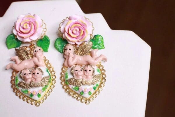 SOLD! 7886 Baroque Chubby Pastel Cherubs Hearts Hand Painted Earrings - Image 9