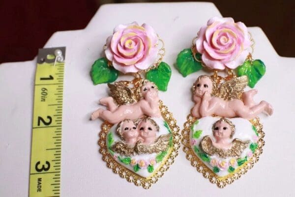 SOLD! 7887 Baroque Chubby Pastel Cherubs Hearts Hand Painted Irregular Earrings - Image 7