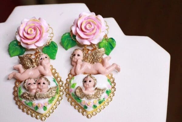 SOLD! 7887 Baroque Chubby Pastel Cherubs Hearts Hand Painted Irregular Earrings - Image 8