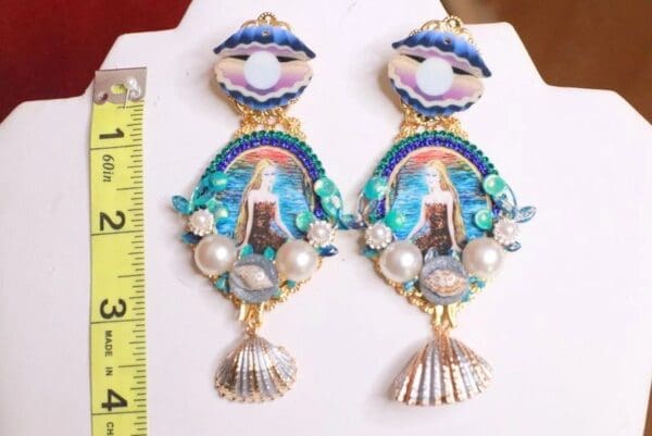 SOLD! 7893 Russian Mermaid Cameo Long Pearl Shell Earrings - Image 3