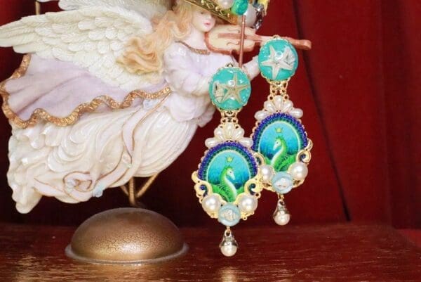 SOLD! 7894 Nautical Seahorse Cameo Long Pearl Shell Earrings