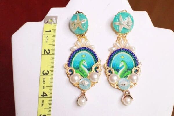 SOLD! 7894 Nautical Seahorse Cameo Long Pearl Shell Earrings - Image 4