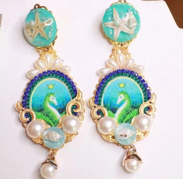 SOLD! 7894 Nautical Seahorse Cameo Long Pearl Shell Earrings - Image 2