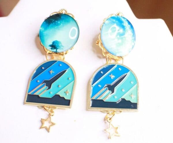 SOLD! 7897 Enamel Stars Celestial Rocket Earrings
