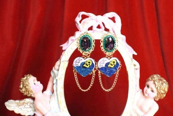 SOLD! 7903 Enamel Purple Scull Live Laugh Love Earrings - Image 3