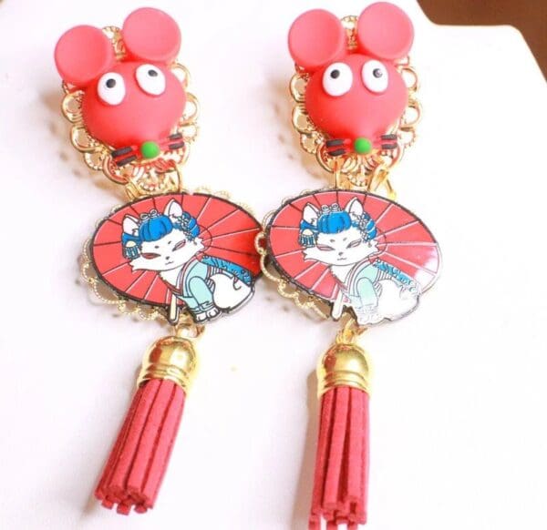 SOLD! 7908 Enamel Japanese Cat Mouse Adorbale Earrings - Image 2