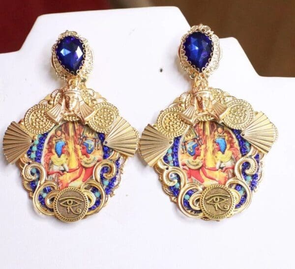 SOLD! 7918 Egyptian Revival Cameo Evil Eye Massive Earrings